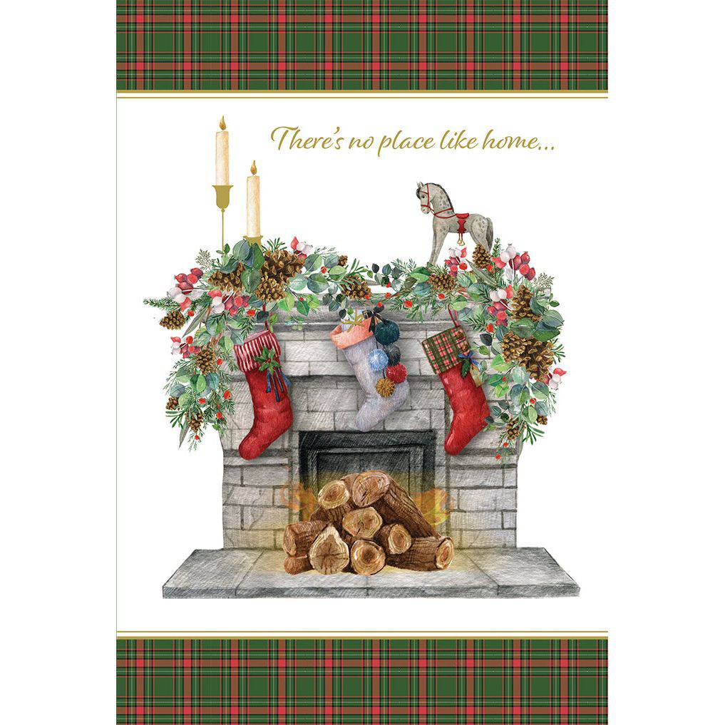 Pictura Christmas card featuring a cozy fireplace scene with holiday decorations, perfect for sending festive season greetings.